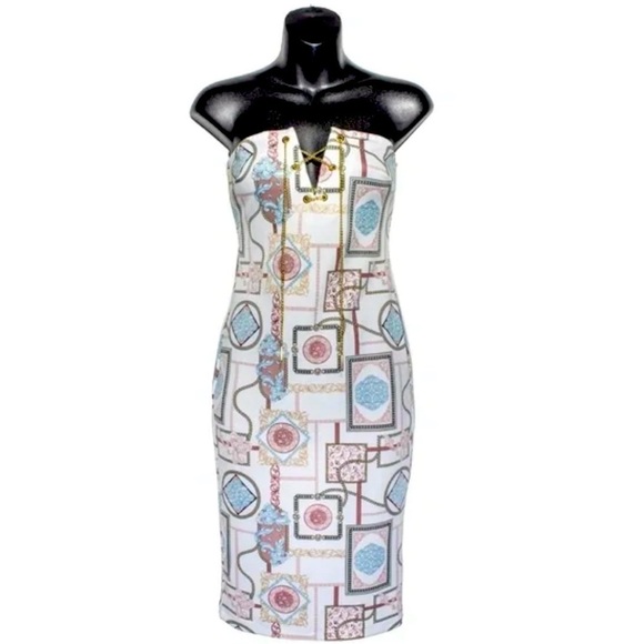 Guess strapless bodycon gold hardware tie vneck knee length dress size Medium - Picture 3 of 11